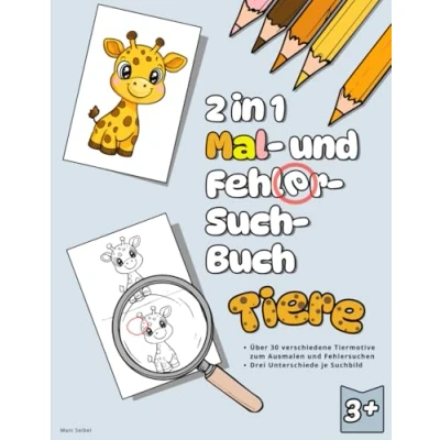 Abbildung von 2 in 1 Malbuch und Fehlersuchbuch Tiere: Ausmalen, Suchen Finden. Malbuch, ab 3 4 5 6 7 8 Jahre Mädchen Junge, Finde den Fehler. Malen Buch Kinder 3, Fehler Finden