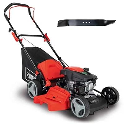 Abbildung von Scheppach MP150 46 Benzin Rasenmäher 46cm Schnittbreite 3,5 PS 7 fache Schnitthöhenverstellung 55 Liter Fangkorb Seitenauswurf Mulchfunktion Reinigungsfunktion inkl. 2. Messer