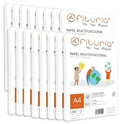 Abbildung von Packung mit A4 Blättern, 80 g, 250 weißen multifunktionales Papier für Schule und Arbeitsumgebung, ideal Laserdrucker, Tintenstrahldrucker oder Kopierer Ofiturie (A4, 4000h)