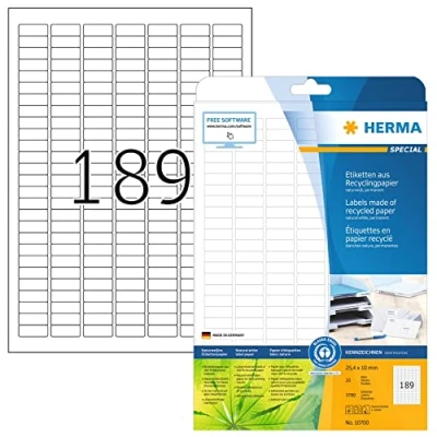 Abbildung von HERMA 10700 Recycling Etiketten, 20 Blatt, 25,4 x 10 mm, 189 pro A4 Bogen, 200 Stück, selbstklebend, bedruckbar, matt, blanko Papier Klebeetiketten Aufkleber, natur weiß