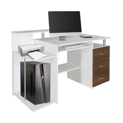 Abbildung von hjh OFFICE 830061 Computertisch WORKSPACE H IV Weiß/Walnuss Schreibtisch mit Schubladen &amp; Tastaturauszug, 89 x 137 60 cm