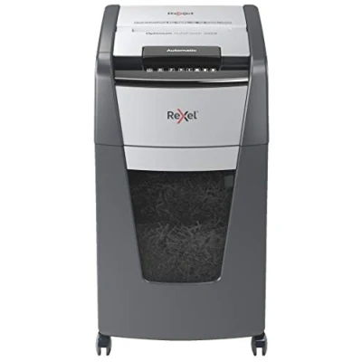 Abbildung von Rexel Optimum AutoFeed+ 225X Automatischer Aktenvernichter CH, 225 Blatt, Sicherheitsstufe P4, Partikelschnitt, für Büros und Abteillungen, 60l Abfallbehälter, mit Schweizer Netzstecker, 2020225XCH