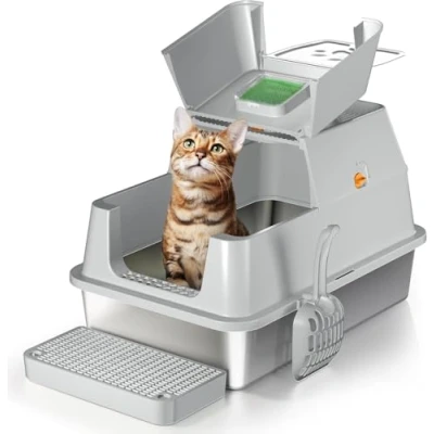 Abbildung von XXL Edelstahl Katzenklo mit Deckel, 180 Flip Oben Katzentoilette, Große Katzentoilette aus Edelstahl, Geschlossen Katzen WC, Auslaufsicher und Leicht zu Reinigen Grau