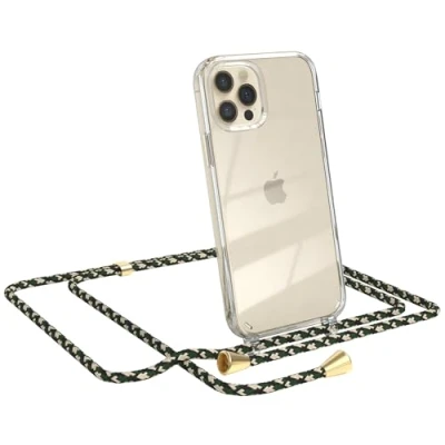Abbildung von EAZY CASE Handykette kompatibel mit iPhone 12/12 Pro Handyhülle Umhängeband, Handykordel Schutzhülle, Silikonhülle, Hülle Band, Stylische Kette für Smartphone, Grün Camouflage
