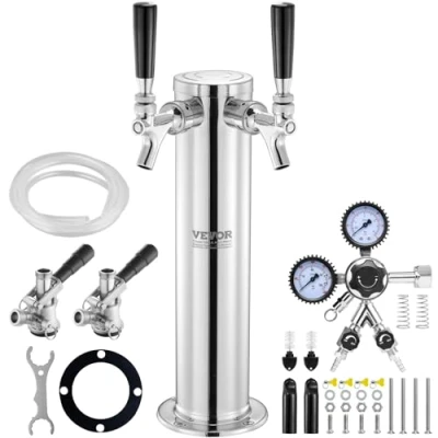 Abbildung von VEVOR Bierspender Bierturm, Bier Umrüstsatz mit zwei Zapfhähnen, Turm Zapfanlage aus Edelstahl Doppelmessgerät W21.8 Regler und S System Fasskupplung für Partys, zu Hause usw.