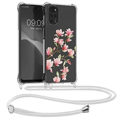 Abbildung von kwmobile Necklace Case kompatibel mit Motorola Moto G22 Hülle Silikon Cover Handykette Rosa Weiß Transparent Magnolien