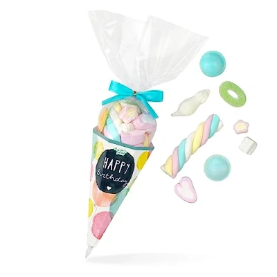 Abbildung von Zuckertüte Happy Birthday, toller Fruchtgummi und Schaumzucker Süßigkeiten Mix, 125 Gramm in einer hochwertigen Spitztüte, schönes Geschenk zum Geburtstag