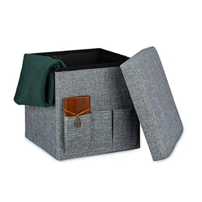 Abbildung von Relaxdays Faltbarer Sitzhocker 38 x cm stabiler Sitzcube mit 3 Seitentaschen Sitzwürfel aus Leinen Sitzbank als Aufbewahrungsbox Stauraum und Deckel zum Abnehmen für Wohnraum, braun