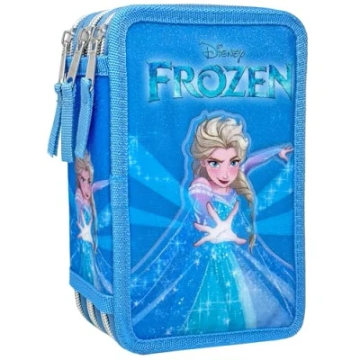 Abbildung von Clondo 3D Federmäppchen mit 3 Fächern für Mädchen, Frozen Die Eiskönigin Fan, dreifach gefüllt, 44 Schulzubehör, Reißverschlüsse, 20 cm, Lineal, Buntstifte, Filzstifte, ELSA