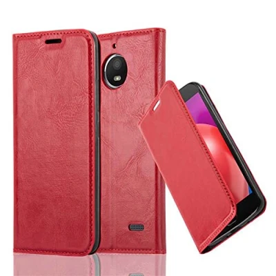 Abbildung von Cadorabo Hülle kompatibel mit Motorola Moto E4 aus Premium Kunst Leder Flip Klappbare Stoßfeste Magnetische [Standfunktion] [Kartenfächern] Cover für Tasche in Rot