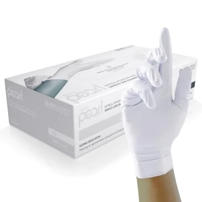 Abbildung von UNIGLOVES White Pearl Nitril Untersuchungshandschuhe vielseitig einsetzbar, puderfreie und latexfreie Einweghandschuhe Box mit 100 Handschuhen, Weiß, Klein (GP0022)