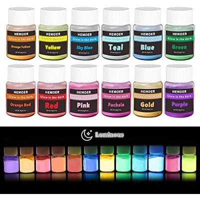 Abbildung von HEMOER Fluoreszierendes Pulver, 12 Farben Selbstleuchtend 240g Professionelle Leuchtpigmente für Jeden Geeignet