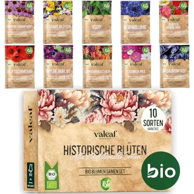 Abbildung von valeaf Bio Historisches Blumensamen Set I 10 Tütchen mit traditionellen Blumen Samen Wildblumen Saat tolles Garten Geschenk o. Pflanzensamen Anzuchtset