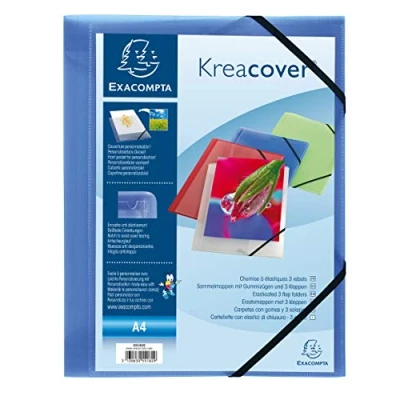 Abbildung von Exacompta 55182E 5er Pack Einschlagmappe Kreacover. Aus Kunststoff DIN A4 mit 2 Gummizügen und 3 Klappen blau Sammelmappe Dokumentenmappe ideal für Büro Schule