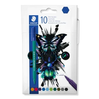 Abbildung von STAEDTLER Fasermaler Noris cool &amp; cute, Tinte mit Lebensmittelfarbstoffen auf Wasserbasis, Kappe Atemluftkanal, Linienbreite 1,0 mm, 10 Filzstifte in sortierten Farben im Kartonetui, 326 C10 E1