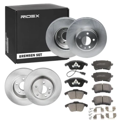 Abbildung von RIDEX 3405B0460 Bremsscheiben und beläge Hinterachse, Vorderachse voll, innenbelüftet inkl. Verschleißwarnkontakt AUDI: A4 B8 Avant, A5 Coupe