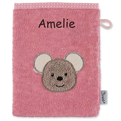 Abbildung von Sterntaler Kinder/Baby Waschhandschuh bestickt mit Namen, Mabel Waschlappen personalisiert zur Geburt, Taufe oder als Geschenk zum Geburtstag, Mädchen, Maus Rosa