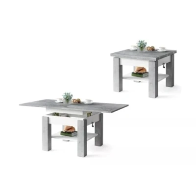 Abbildung von All4All Multifunktionaler Couchtisch Claris Wohnzimmertisch Kaffeetisch kompakte Größe 130x75 cm Höhenverstellbar platzsparend Beton + WEIß 05