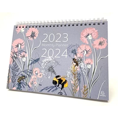 Abbildung von Exacompta Ref GS022Z Tischkalender 2023, Bienen und Blumen Design, Monat pro Seite, inkl. UK Feiertage, 210 mm x 150 mm, steht sicher auf einem Schreibtisch oder Regal