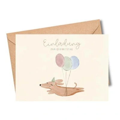 Abbildung von MeinBaby123® Einladungskarten 10 Kindergeburtstag,  Boho süßer Hund, Luftballons, Liebevoll gestaltetes Boho Design