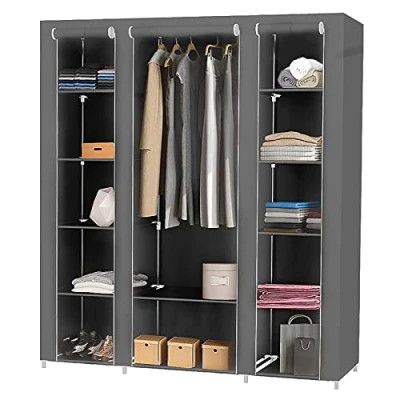Abbildung von HUOLE Stoffkleiderschrank,Aufbewahrung für Kleidung Kleiderständer faltbar Ankleidezimmer Schlafzimmer Vintage Style,Faltschrank mit Kleiderstange,172 * 134 43cm Grau