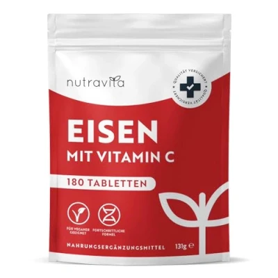 Abbildung von Eisentabletten mit 40 mg Eisen + Vitamin C (80mg) 180 vegane Tabletten Hochdosiert ohne unerwünschte Zusatzstoffe 6 Monate Vorrat Hergestellt von Nutravita