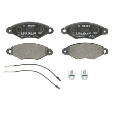 Abbildung von BOSCH 0 986 424 455 Bremsbelagsatz Low Metallic inkl. Verschleißwarnkontakt mit Anti Quietsch Blech, Schrauben Zubehör RENAULT: Kangoo I Rapid