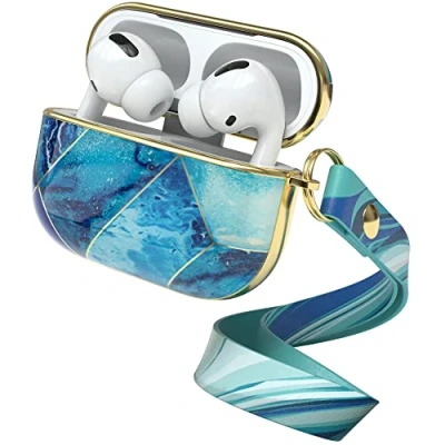 Abbildung von EAZY Case Schutzhülle für AirPods Pro Hülle Blau Hard Stoßfest mit Karabiner geeignet als Schlüsselanhänger Antikratz Etui rutschfest Hardcase Airpod 1. Generation in Hellblau Marmor