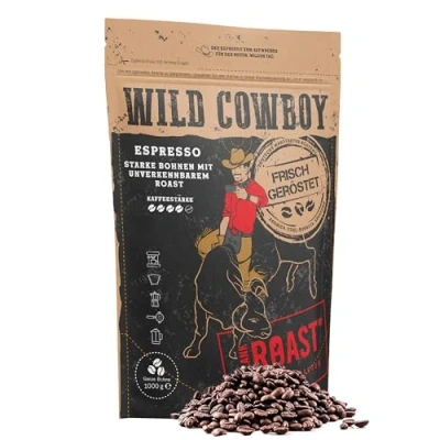 Abbildung von Blank Roast Wild Cowboy Espresso Espressobohnen 1kg mit Hickoryholz geröstet Arabica &amp; Edel Robusta Blend aus Brasilien Uganda schokoladigen Nuancen säurearm