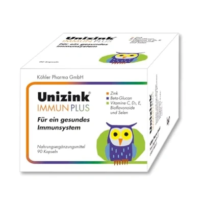 Abbildung von Unizink IMMUN PLUS Nährstoff Komplex mit Zink, Vitamin C, D3 und E sowie Selen, Bioflavonoiden Beta Glucan, unterstützt eine normale Funktion des Immunsystems, gluten &amp; laktosefrei, 90 St