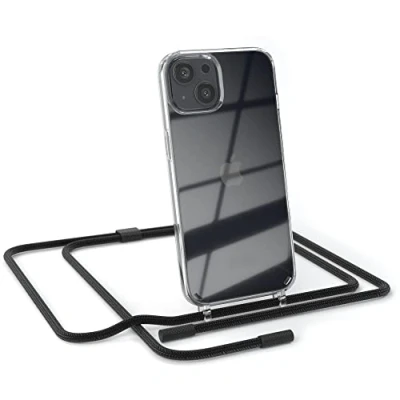 Abbildung von EAZY CASE kombinierbare Handyketten kompatibel mit iPhone 13, Transparente Silikon Hülle rundem Umhängeband, abnehmbar durch abschraubbare Endstücke, Band, Umhängetasche, Schwarz