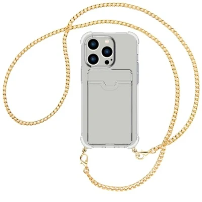 Abbildung von mtb more energy® Handykette mit Kartenfach kompatibel iPhone 15 Pro Metallkette (Gold) Smartphone Hülle zum Umhängen Anti Shock Full TPU Case