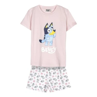 Abbildung von Bluey Pyjama Shorts Rosa und Weiß Größe 3 Jahre für Jungen Hergestellt aus 100% Baumwolle 145gsm Bingo Druck Original Produkt entworfen in Spanien