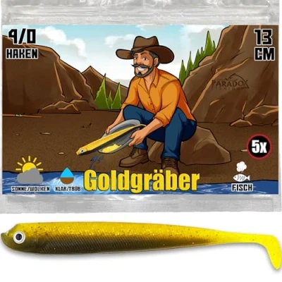 Abbildung von Paradox Fishing 5 STK. Goldgräber Zandergummifische 13cm Zanderköder Gummifisch Zander Köder Gummifische Set