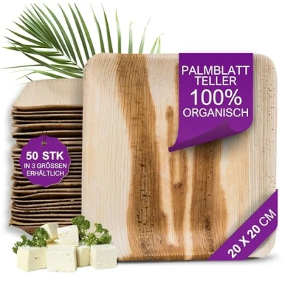 Abbildung von Waipur Bio Palmblattteller 50 Teller eckig 20x20 cm Premium Einmalteller kompostierbar Umweltfreundliche Partyteller Palmblatt Geschirr