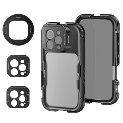 Abbildung von NEEWER 16 Pro Käfig Cage Schnellverschluss Video Rig Stabilisator kompatibel mit iPhone 67mm Filter Adapter 17mm hintere Objektiv Platine T Mount Lens Moment PA073
