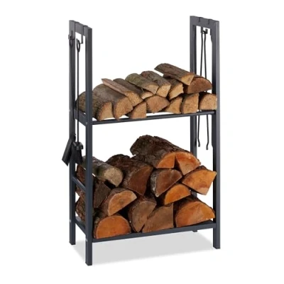 Abbildung von Relaxdays, anthrazit Kaminholzregal mit 2 Ablagen, aus Stahl, 4 Haken für Kaminbesteck, Brennholzregal HBT 100x60x30 cm, 100 x 60 30 cm