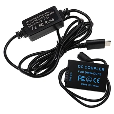 Abbildung von vhbw USB Netzteil kompatibel mit Panasonic Lumix DC FZ83 Kamera, Digitalkamera, DSLR Netzkabel + Kuppler (Ersatz für DMW DCC6), 2m