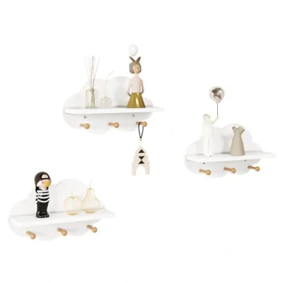 Abbildung von WOLTU 3er Set Wolkenregal, Kinder Garderobenhaken, Wandregal mit Haken, Hängeregal, Schweberegal weiß, schwebendes Regal für Kinderzimmer, Wanddeko, 36x12x20,5 cm