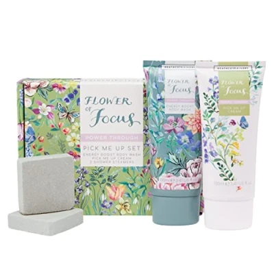 Abbildung von Heathcote &amp; Ivory Flower of Focus Pick Me Up Geschenkset 100 ml Duschgel ml, Allzweckcreme 2 x 30 g Duschdampfer tierversuchsfrei vegan freundlich