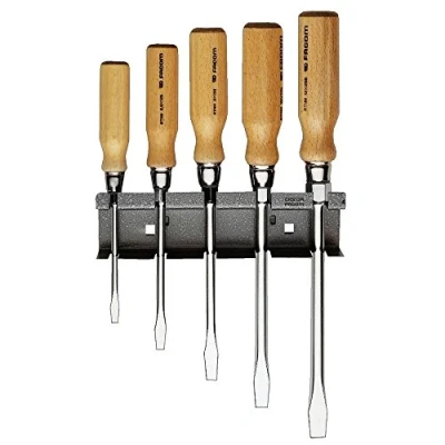 Abbildung von FACOM Schraubendreher Holzgriff, 6 Kant, Schlitz 5,5x100 10x200 mm, 5 teilig, Wandhalter, 1 Stück, ATHH.JS5