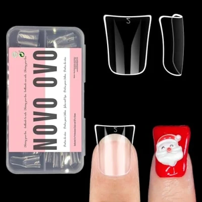 Abbildung von NOVO OVO Ente Nagelspitzen kurze Vollständig Abgedeckten, DUCK FEET NAIL TIPS Full Cover Short, klare weiches Gel Kristall Flare, Y2K, breite französische für Acrylnägel x 12 Größen 120 Stück
