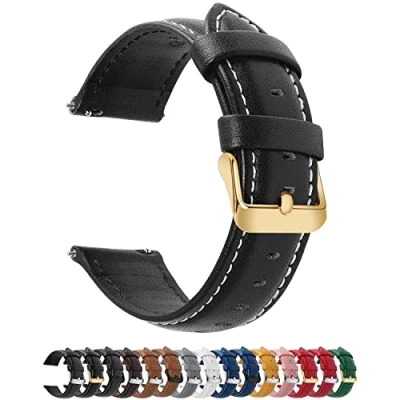 Abbildung von Fullmosa 12 Farben Uhrenarmband, Axus Serie Lederarmband Ersatz Watch Armband mit Edelstahl Metall Schließe für Herren Damen 18mm,Schwarz golden Schnalle