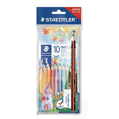 Abbildung von STAEDTLER Jumbo Buntstifte Noris Club, erhöhte Bruchfestigkeit, Dreikantform, ABS System, kindgerecht nach DIN EN71, Set mit 10 brillanten Farben, Radierer und Bleistift, 61 SET7