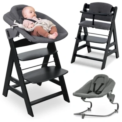Abbildung von hauck Alpha Plus Newborn Set mit Premium Bouncer Dark Grey Baby Holz Hochstuhl ab Geburt Liegefunktion extra flacher Aufsatz für Neugeborene &amp; Baumwoll Sitzpolster Schwarz