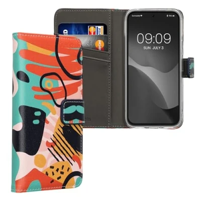 Abbildung von kwmobile Wallet Case kompatibel mit Google Pixel 8a Hülle Cover Ständer und Kartenfächern Farbmuster Dunkelblau Orange Altrosa