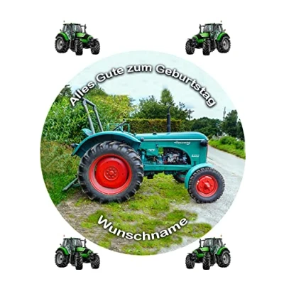 Abbildung von für den Geburtstag ein Tortenbild Wunschname, Mähdrescher, Trecker, Zuckerbild,Traktor, Essbares Foto Torten, Tortenaufleger Ø 20cm Super Qualität, 03504