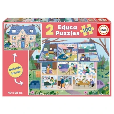 Abbildung von Educa Set von 2 Puzzle für Kinder mit 100 Teilen voller externer Details und interner Zuhause draußen/innen. Maßnahme: 40 x 28 cm. Empfohlen ab 6 Jahre (19957)