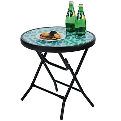 Abbildung von PHIVILLA Klappbar Runder Beistelltisch Glas aus Metall Gartentisch Kaffeetisch Klein Balkontisch wetterfest pflegeleicht für Balkon Garten Terrasse Wohnzimmer