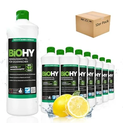 Abbildung von BiOHY Reinigungsmittel für Saugwischer mit Frischeduft (12 x 1 Liter) 1:200 Konzentrat alle Nass Trockensauger ideal Fliesen, PVC, Parkett, Laminat &amp; Teppich streifenfreier Glanz